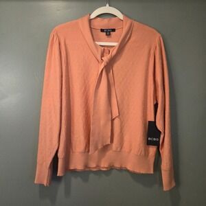 NEW BCBG Women's Tie Neck Secretary Sweater Size XL Textured Salmon Peach